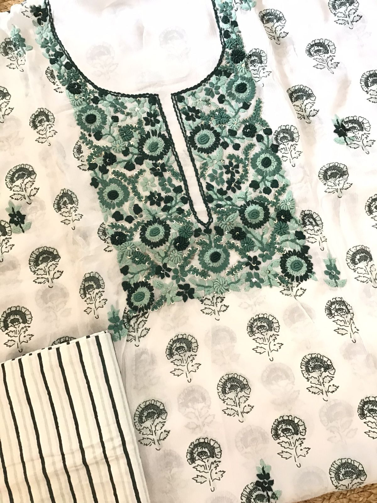 Pure Fine Chinnon Silk Printed Embroidered Suit - White