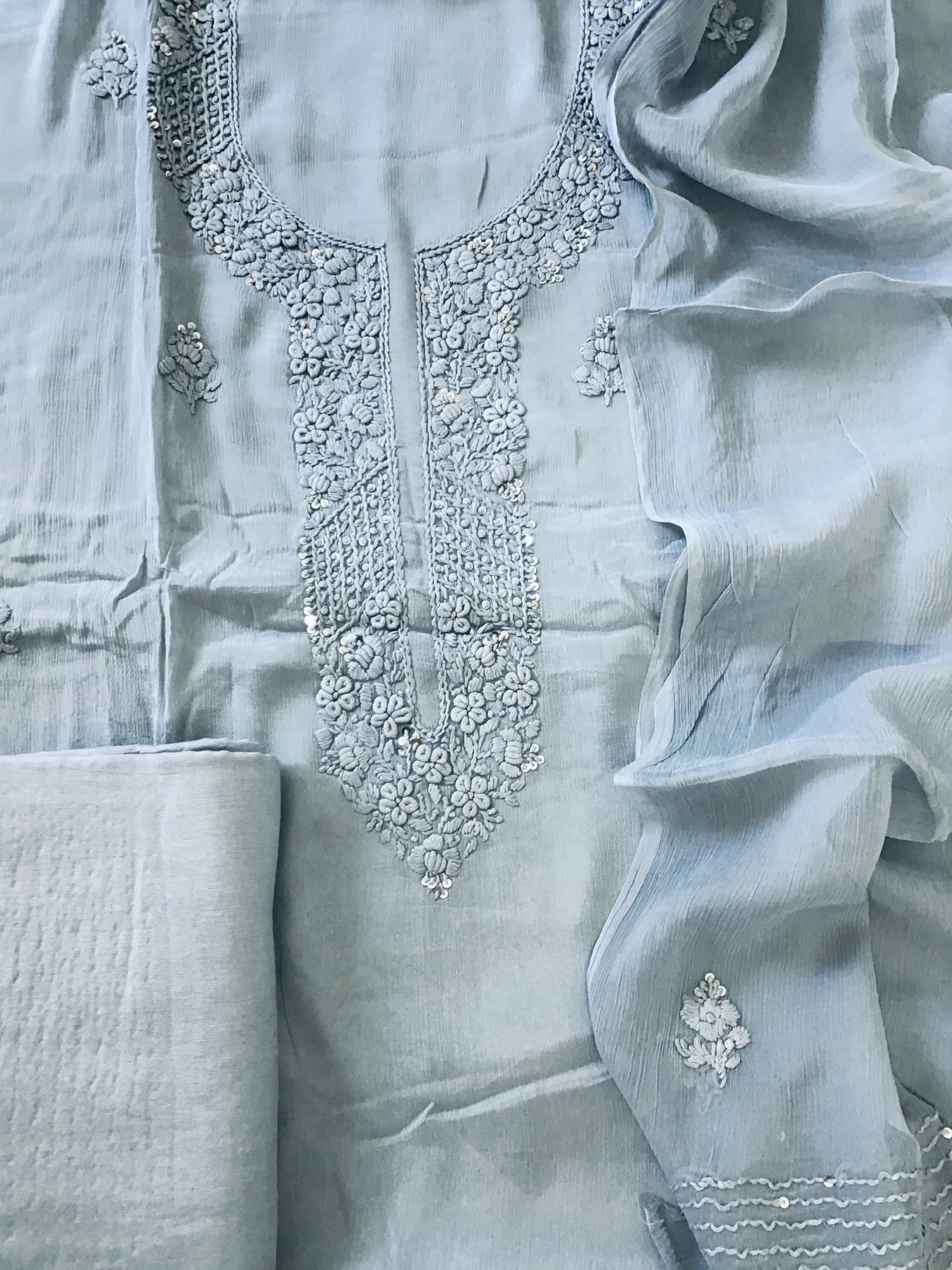  Share: Pure Chinnon Embroidered Suit - Grey