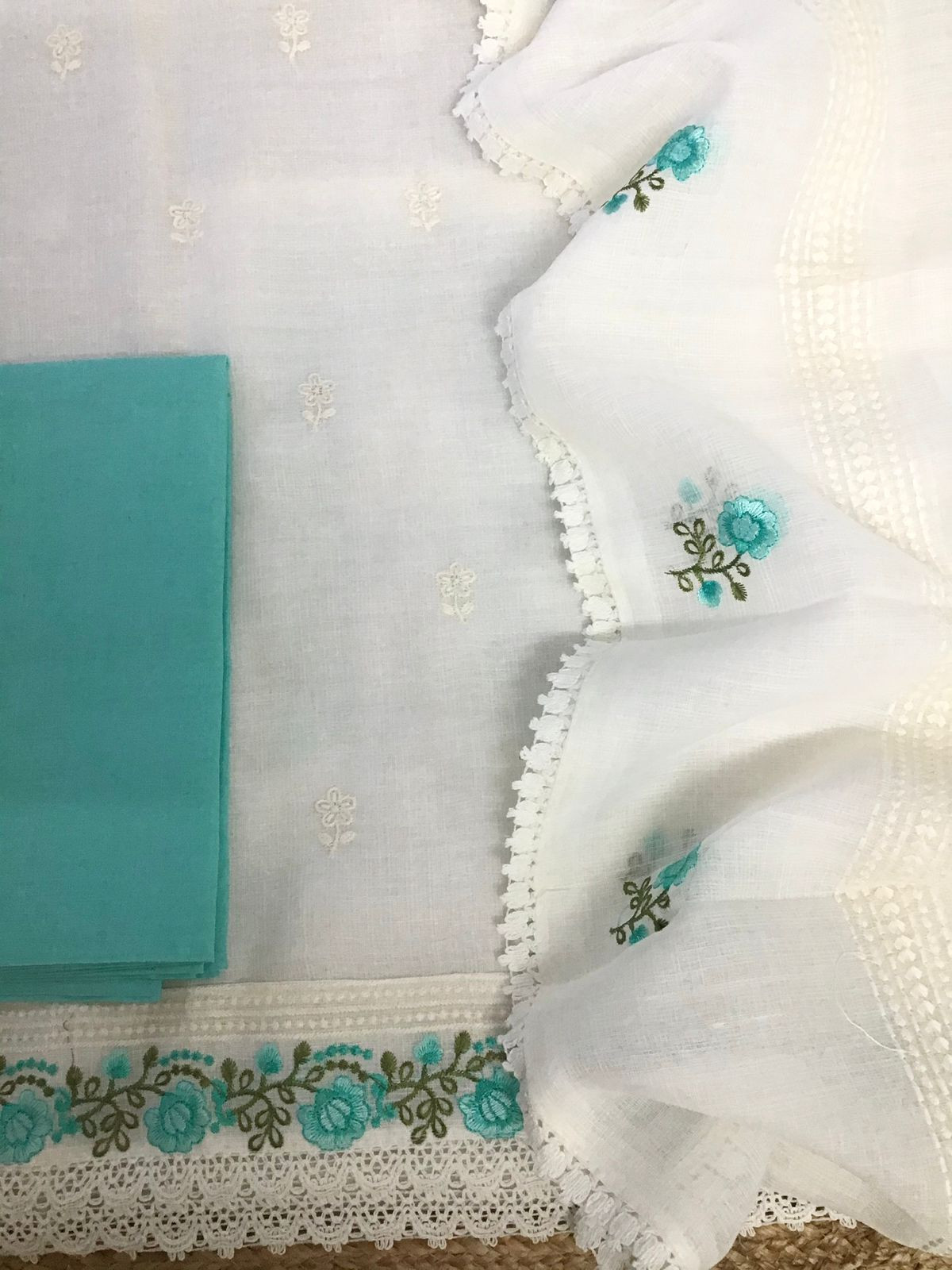 Soft Jute Kota Embroidered Suit - White