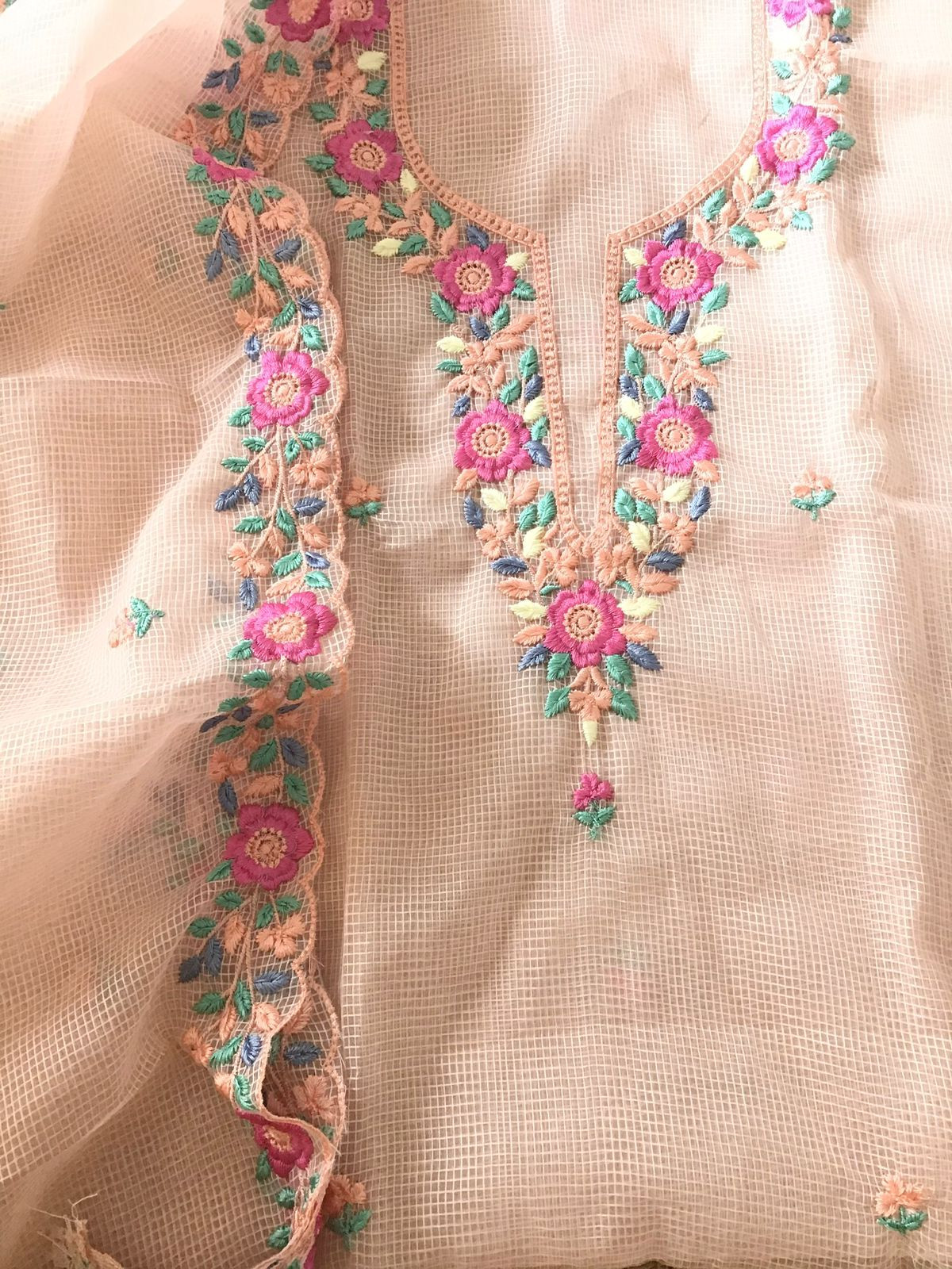 Soft Kota Organza Embroidered Suit - Peach