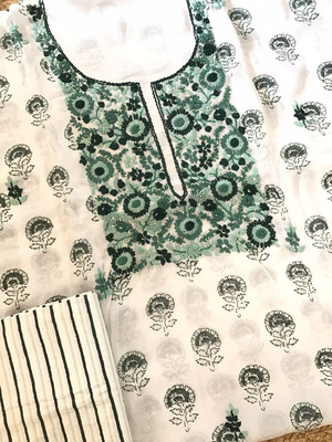 Pure Chinnon Silk Block Printed Embroidered Suit - Beige/Brown