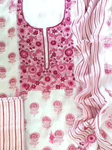 Pure Fine Chinnon Silk Printed Embroidered Suit - White