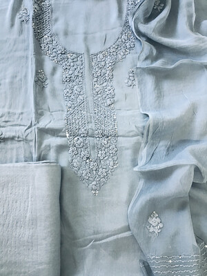Pure Fine Chinnon Silk Printed Embroidered Suit - White