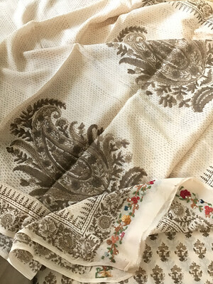 Pure Fine Chinnon Silk Printed Embroidered Suit - White